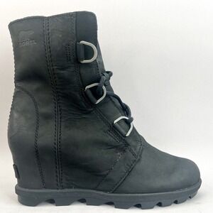 Sorel Boots Womens 9.5 Joan Of Artic Wedge II Bootie Shoe‎ Black Leather Lace Up